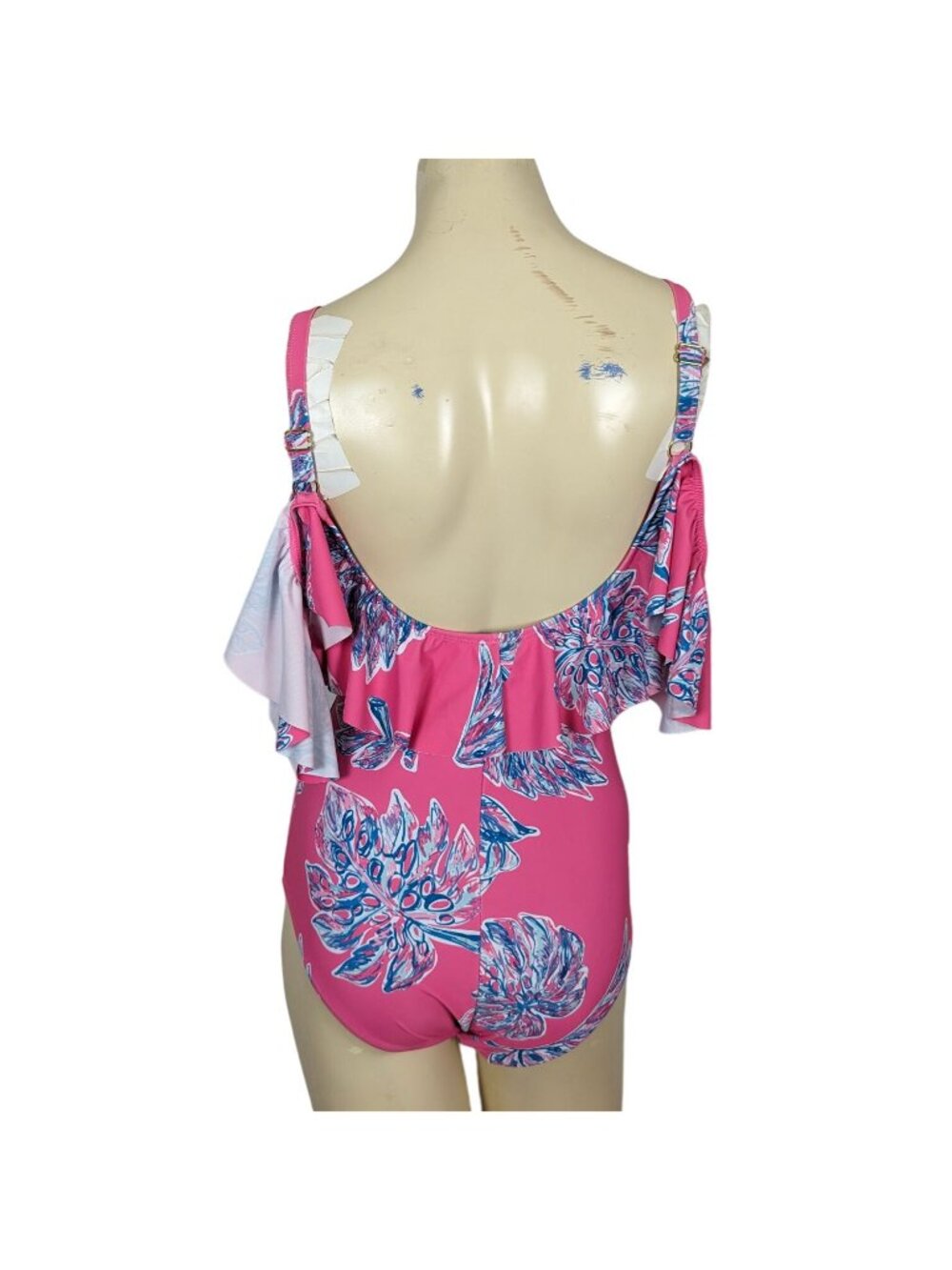 Nicole Miller One piece Leaves print pink blue cold shoulder ruffled Swimsuit S - Picture 3 of 13